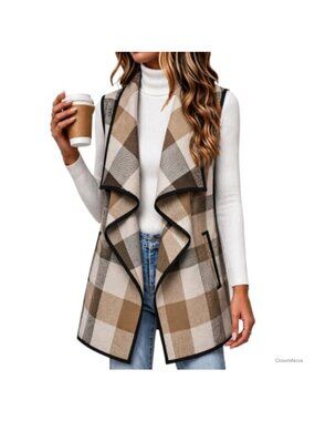 Women Long Plaid Vest Sleeveless Flannel Jacket Pockets